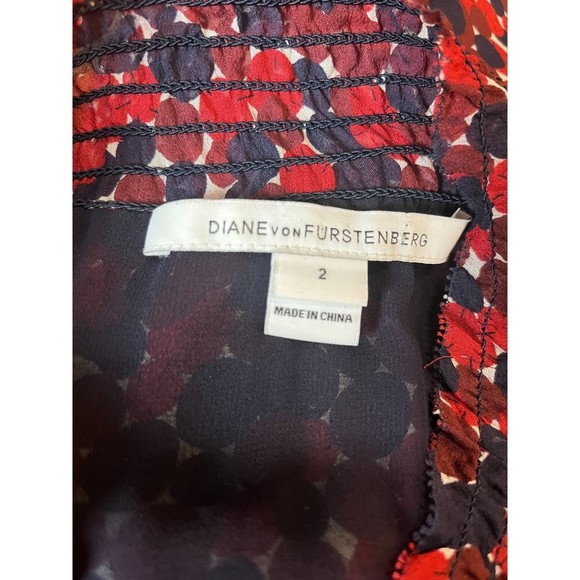 Diane Von Furstenberg Aleni SILK Smocked Long Sleeve Blouse Red Blue Geometric 2 - Picture 10 of 10